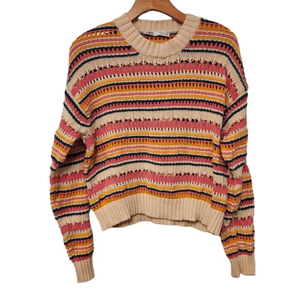 ZARA Sweater Rainbow‎ Crochet Knit Multi-Color Crop Womens Size Small - Picture 1 of 12